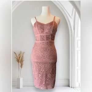 Sexy Dusty Rose Lace Bodycon Dress - Elegant Midi Cocktail Dress, Sz 1 f…